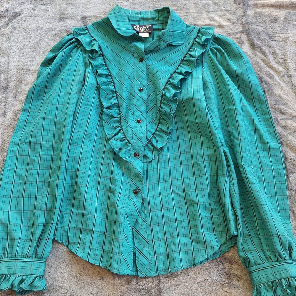 Circle T Vintage Western Pearl Snap Ruffles Plaid Square Dance Rockabilly 8